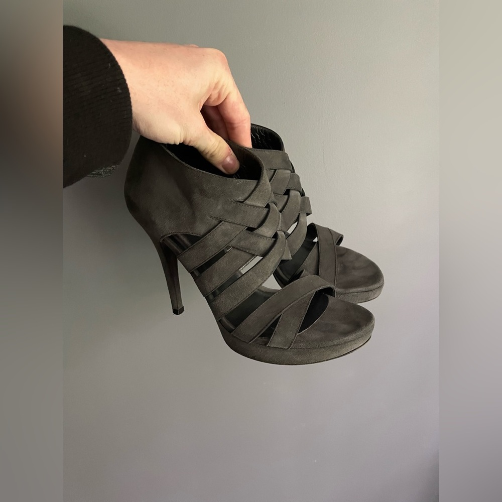 Stuart Weitzman Gray Suede Cross Strap Heels Size 8.5